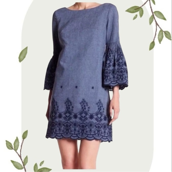 Eliza J Blue Chambray Embroidered Bell Sleeve Casual Mini Dress- Size 4 - Picture 1 of 8